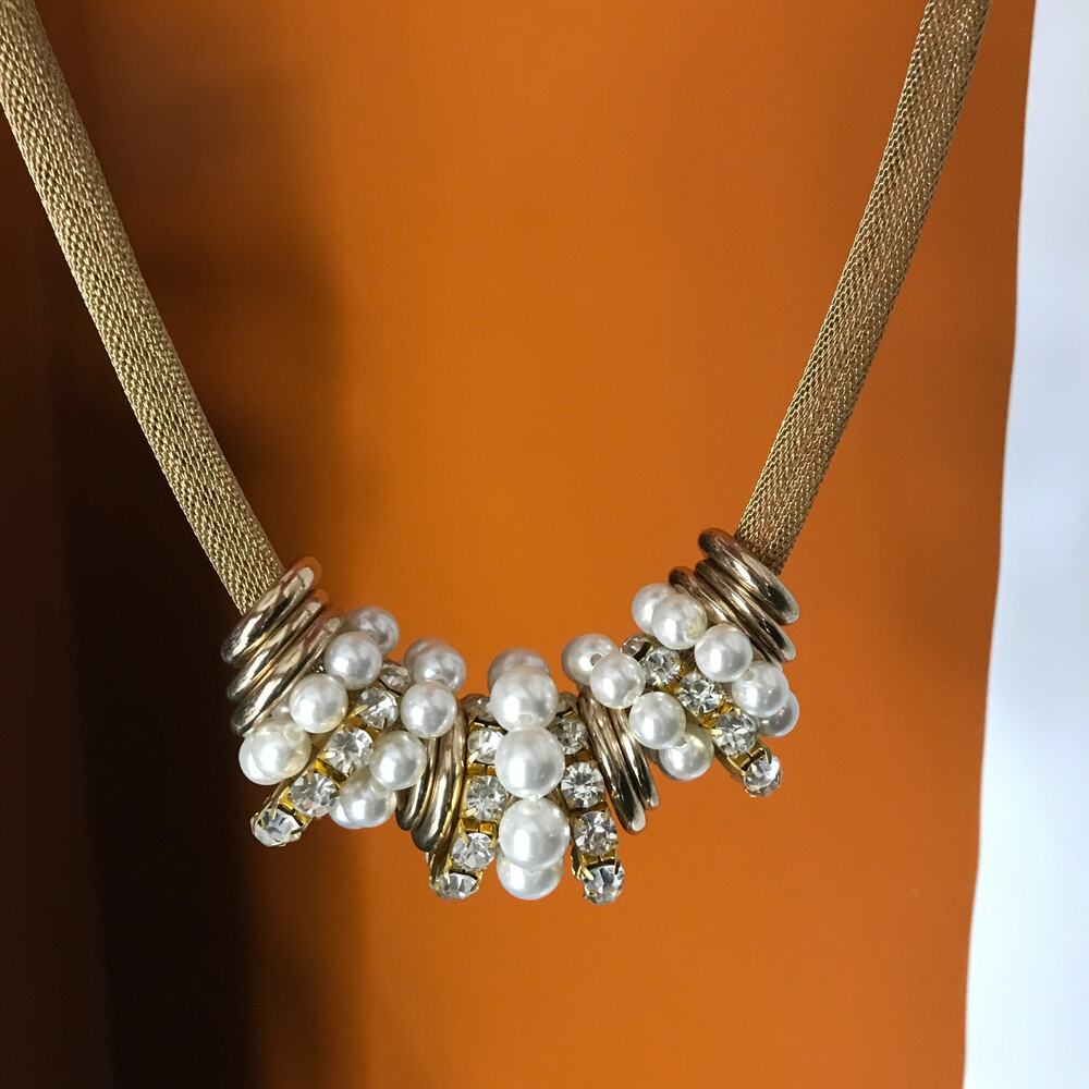 Vintage 80s Glam Faux Pearl And Rhinestone Ring Gold Tone Statement Necklace